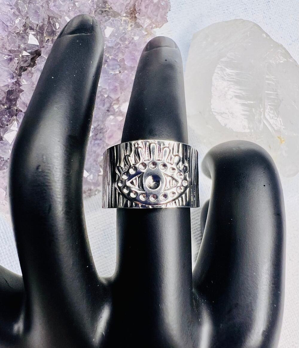Large evil eye ring, silver stainless steel hypoallergenic, chunky thick band